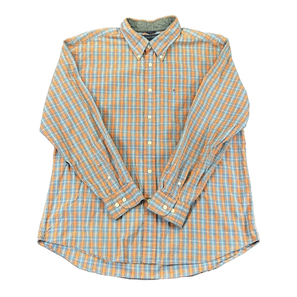 Tommy Hilfiger Plaid Button Down Orange Blue Mens XL Long Sleeve‎ Cotton Shirt